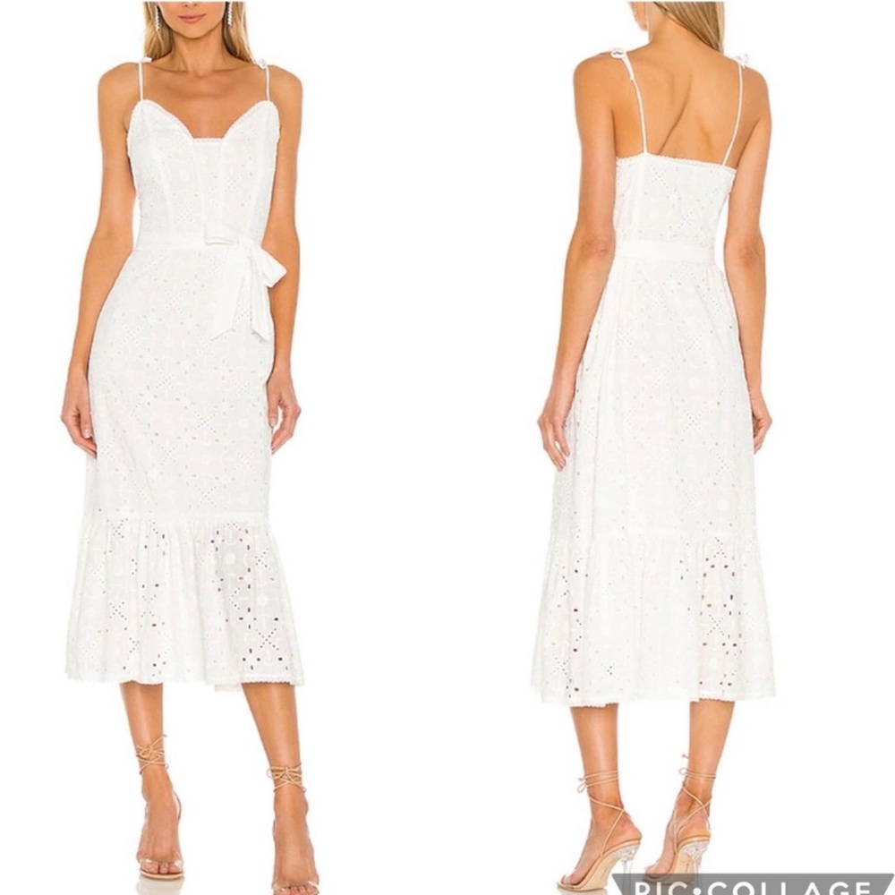 Paige Seryne white lace eyelet ruffle midi dress